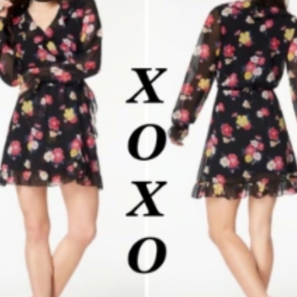 XOXO Faux Wrap Ruffle Dress Black Size Small NWOT